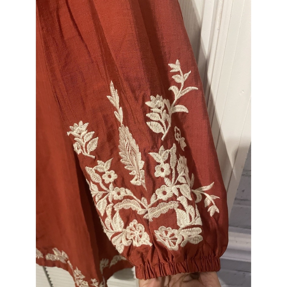 Umgee USA Embroidered Boho Shift Dress Small Rust Terracotta‎ Long Sleeve Floral - Picture 4 of 9